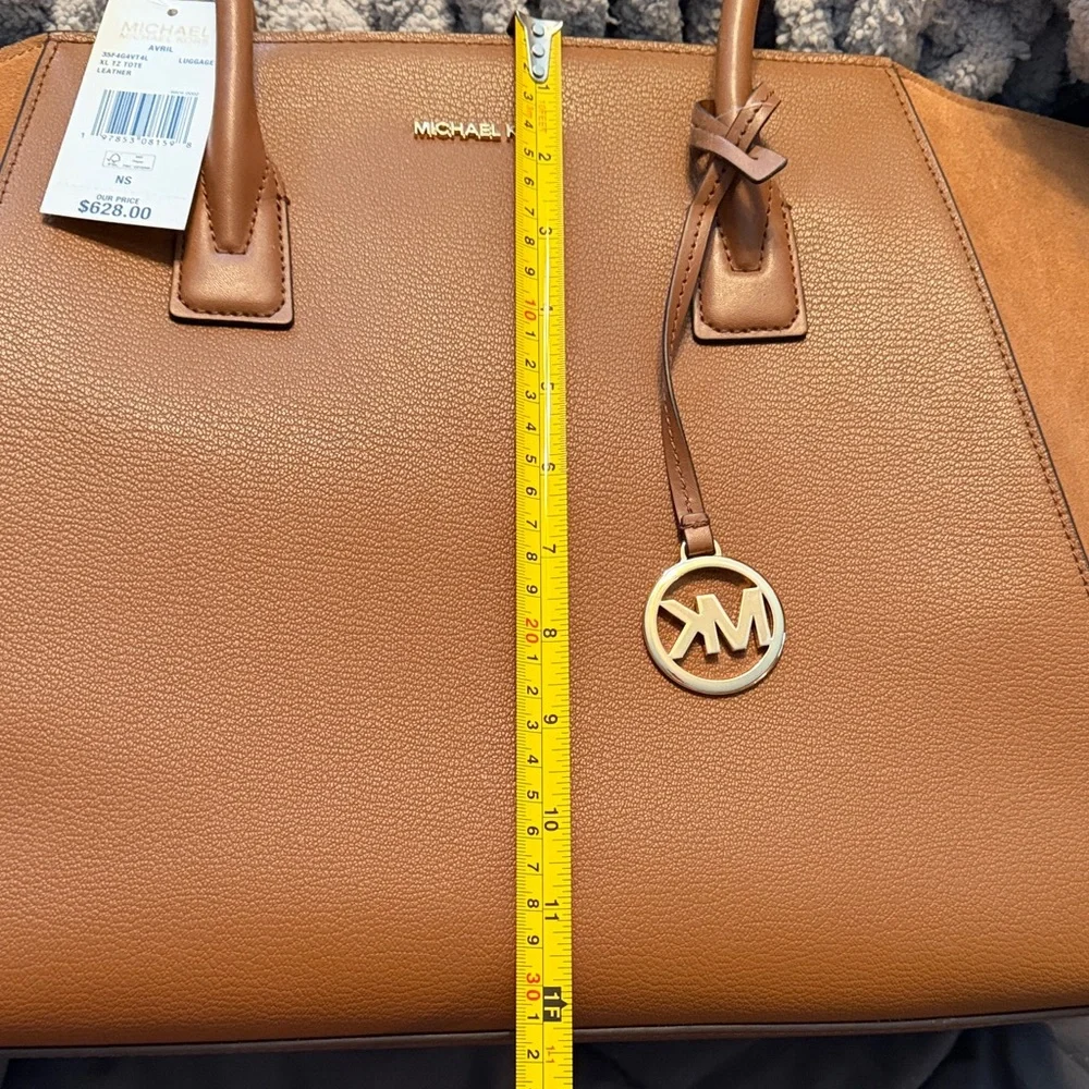 Michael Kors Cognac Leather and Suede Tote with Gold Logo Charm - Picture 5 of 5